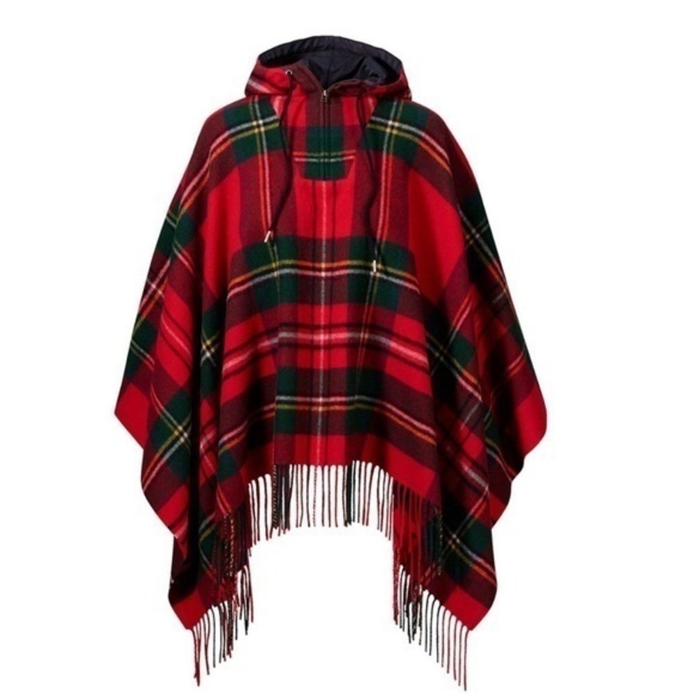 L.L. Bean signature red wool plaid fringe hooded poncho NWOT